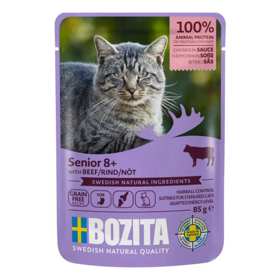BOZITA Nourriture humide chat Senior 8+ bouchées en sauce 12 x 85 g Bœuf