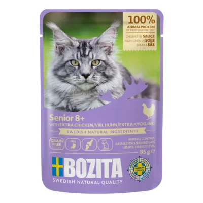BOZITA Nourriture humide chat Senior 8+ bouchées en sauce 12 x 85 g Poulet