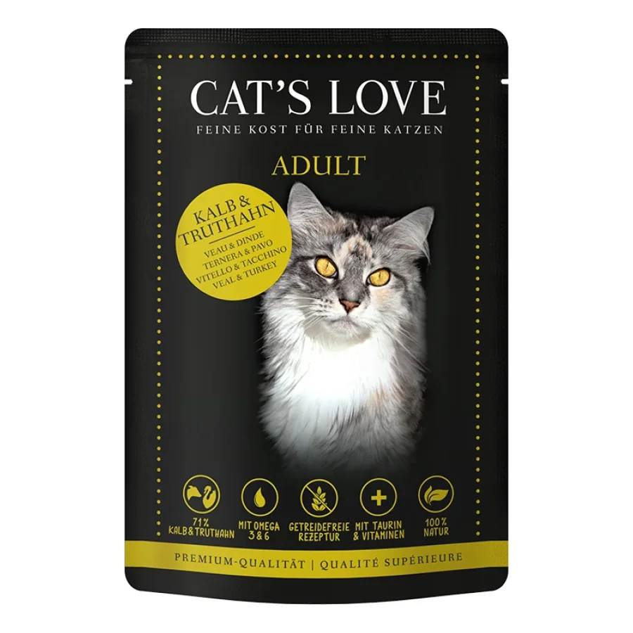 CAT'S LOVE Amour de Chat Nourriture Humide Chat Adulte en Gelée Veau & dinde 48x85 g