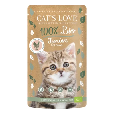CAT'S LOVE Nourriture humide bio pour chat junior en gelée Volaille 24x100 g