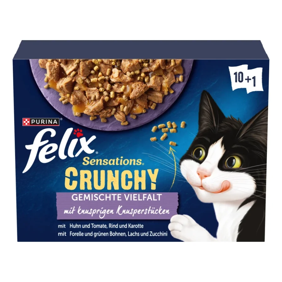 Felix Sensations Crunchy 10 x 85 g + 40 g de bouchées croustillantes Variété de saveurs aux légumes