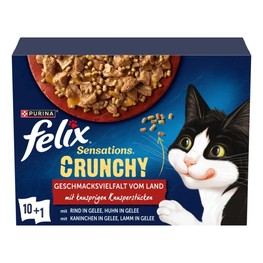 Felix Sensations Crunchy 10 x 85 g + 40 g de bouchées croustillantes Variété de saveurs du pays