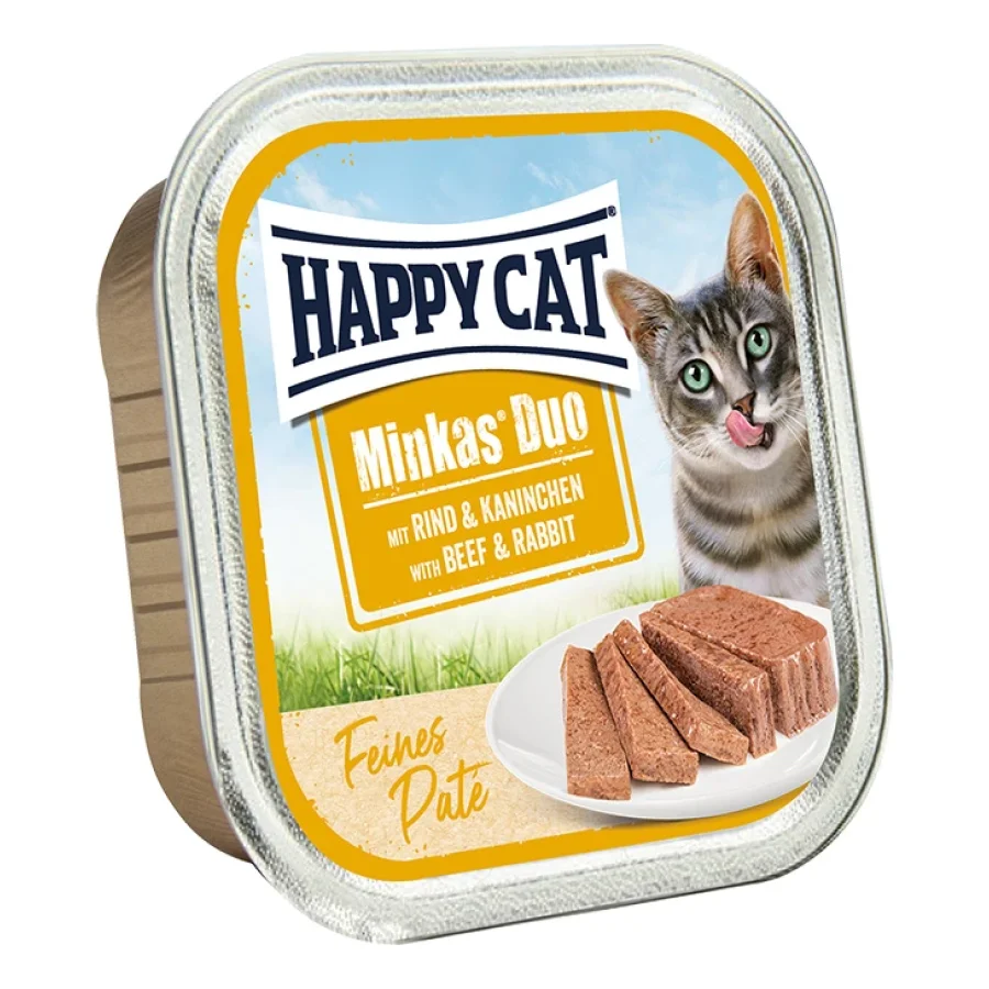HAPPY CAT Minkas Duo Nourriture humide pour chat adulte, Bœuf & Lapin, Pâté 16x100 g
