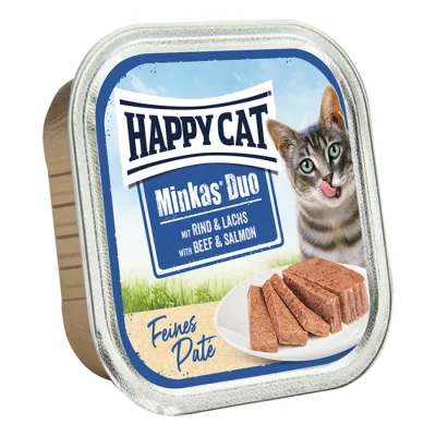 HAPPY CAT Minkas Duo Nourriture humide pour chat adulte, bœuf & saumon, pâté 16x100 g