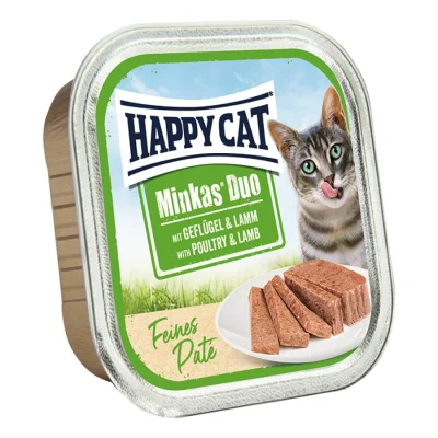 HAPPY CAT Minkas Duo Nourriture humide pour chat adulte, Volaille & Agneau, Pâté 16x100 g