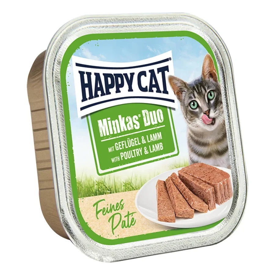 HAPPY CAT Minkas Duo Nourriture humide pour chat adulte, Volaille & Agneau, Pâté 16x100 g