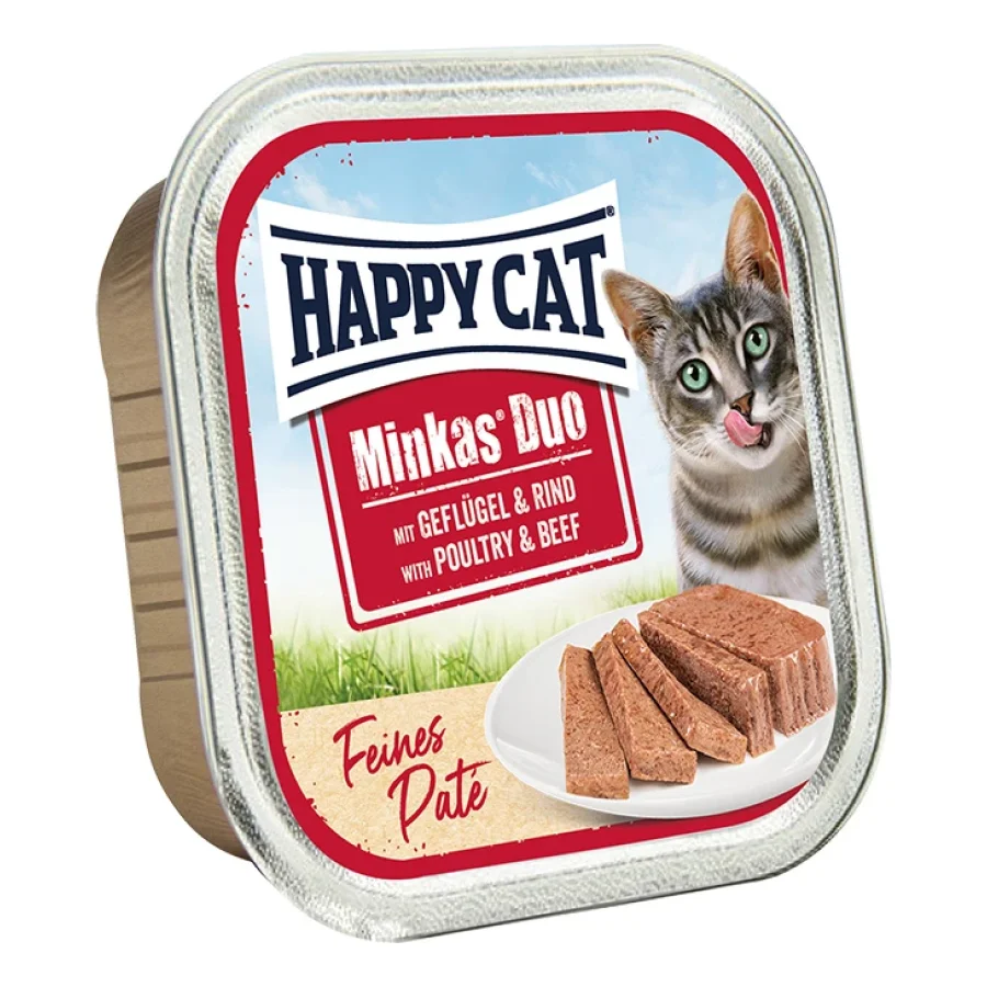 HAPPY CAT Minkas Duo Nourriture humide pour chat adulte, Volaille & Bœuf, Pâté 16x100 g