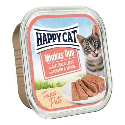 HAPPY CAT Minkas Duo Nourriture humide pour chat adulte, Volaille & Saumon, Pâté 16x100 g