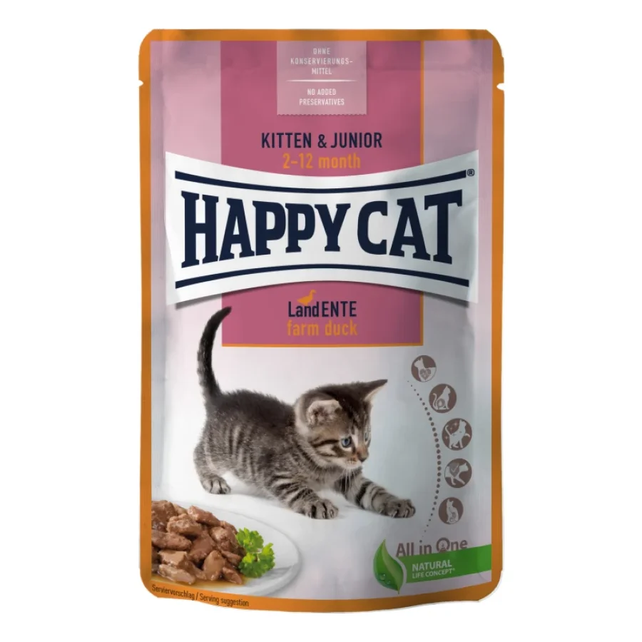 HAPPY CAT Viande en Sauce Kitten & Junior Volaille 24x85g Canard sauvage