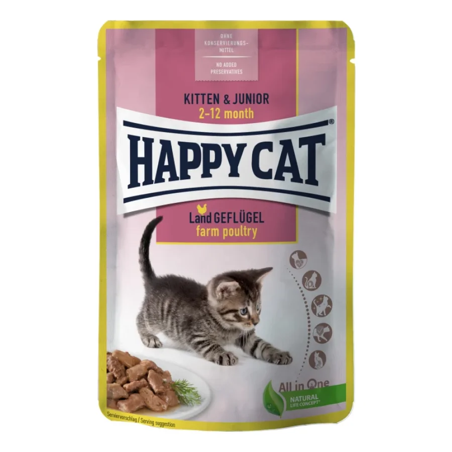 HAPPY CAT Viande en Sauce Kitten & Junior Volaille 24x85g Volaille plein air