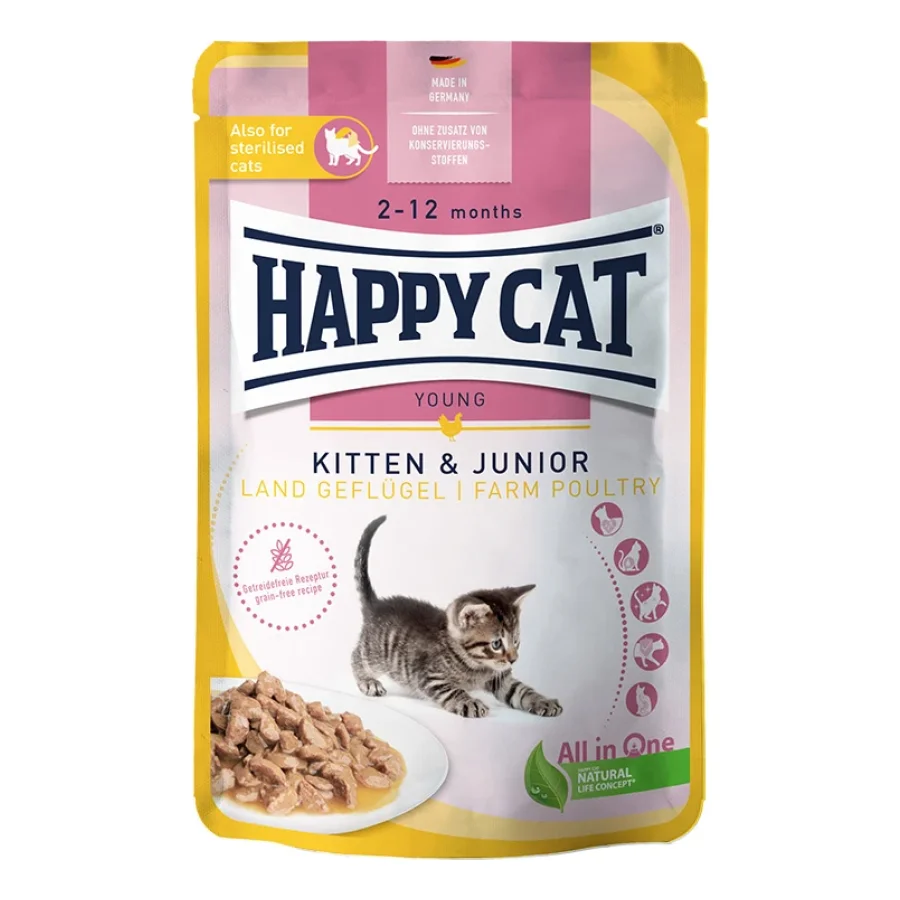 HAPPY CAT Young Nourriture humide pour chatons et juniors, Volaille de campagne, Viande en sauce 20x85 g