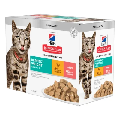 Hill's Science Plan Perfect Weight Multipack nourriture humide pour chats au poulet pour la réduction de poids 12 x 85 g sachets fraîcheur