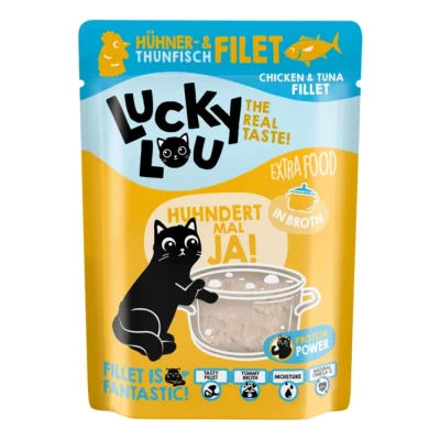 Lucky Lou Nourriture humide chat Extra Food Adulte en court-bouillon Thon et poulet 12x70 g