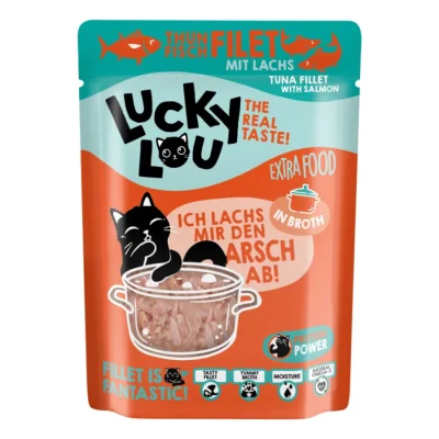 Lucky Lou Nourriture humide chat Extra Food Adulte en court-bouillon Thon et saumon 12x70 g