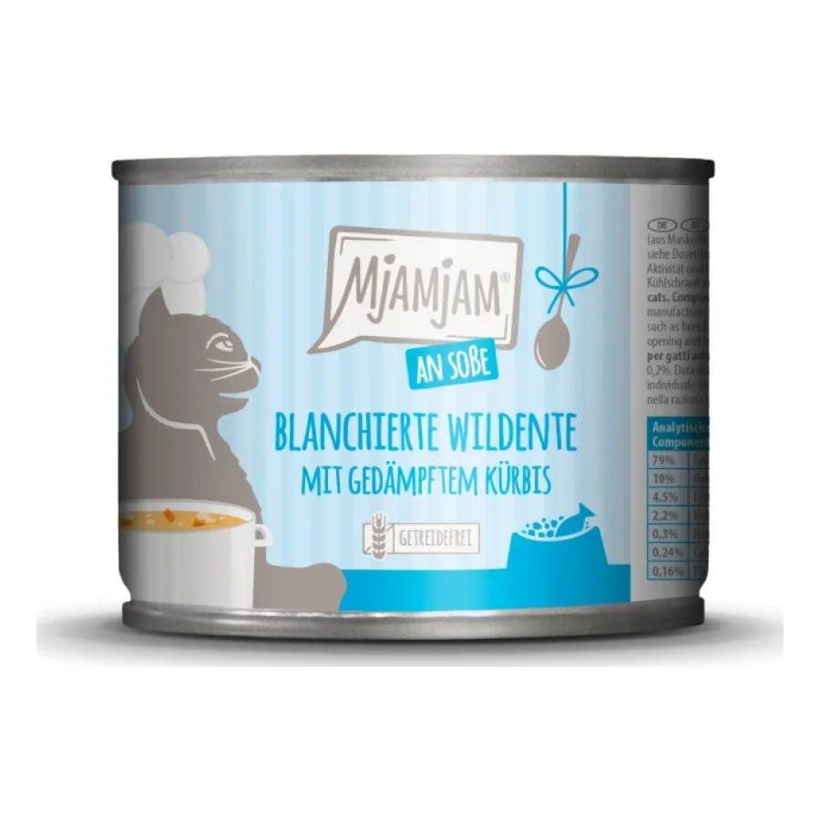 MjAMjAM nourriture humide pour chat adulte, blanchie en sauce 6x185 g Canard sauvage et potiron