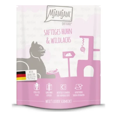 MjAMjAM nourriture humide pour chat adulte, Quetschie 6x300 g poulet et saumon sauvage