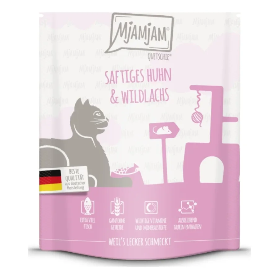 MjAMjAM nourriture humide pour chat adulte, Quetschie 6x300 g poulet et saumon sauvage