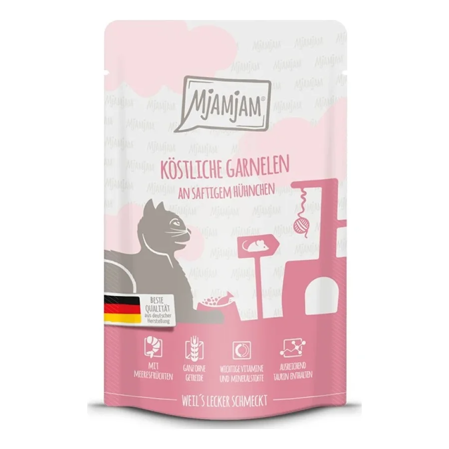 MjAMjAM nourriture humide pour chat adulte, Quetschie, Poulet et crevettes 12x125 g
