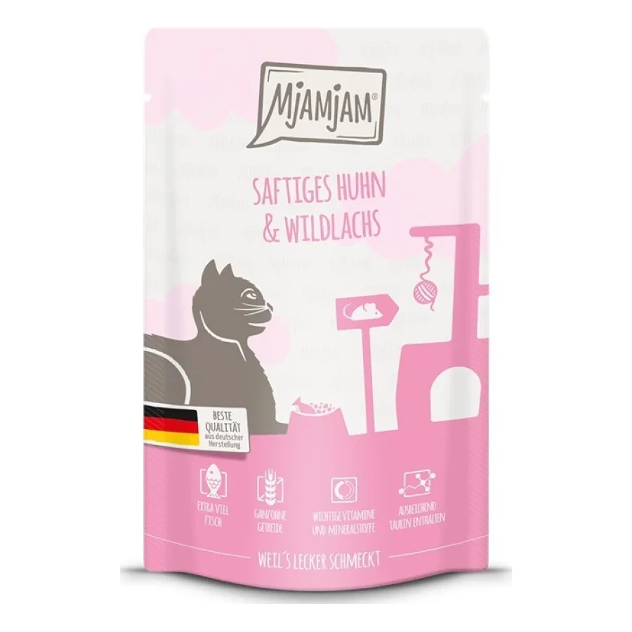 MjAMjAM nourriture humide pour chat adulte, Quetschie, poulet et saumon sauvage 12x125 g