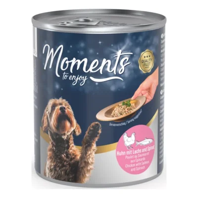 MOMENTS nourriture humide chien adulte Poulet avec saumon et épinards 6x220 g