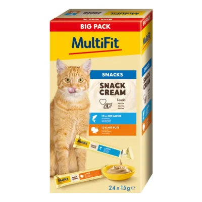 MultiFit Crème Snack Chat 24 x 15 g Grand Pack 2 Saveurs Dinde et saumon