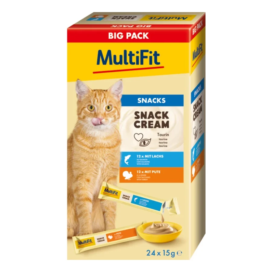 MultiFit Crème Snack Chat 24 x 15 g Grand Pack 2 Saveurs Dinde et saumon