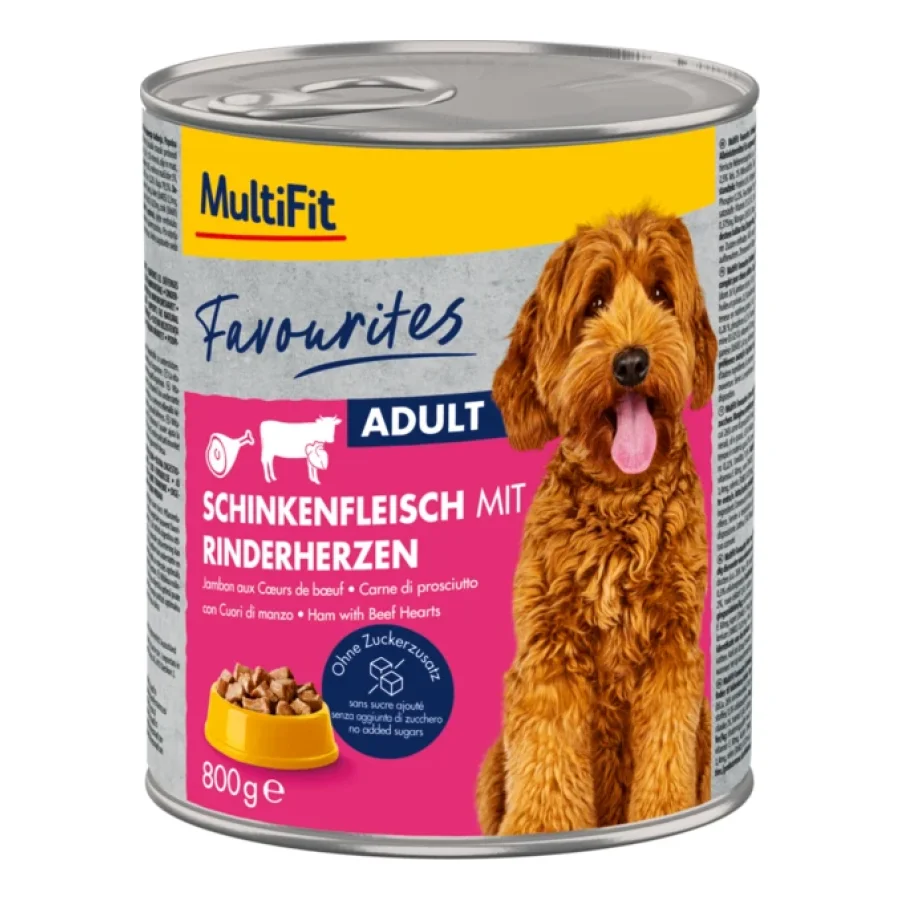 MultiFit Favoris Nourriture humide Chien Adulte Jambon avec cœurs de bœuf 6x800 g