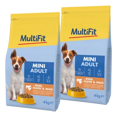 MultiFit nourriture sèche pour chien adulte, Mini, avec bœuf, poulet & maïs 2x4 kg