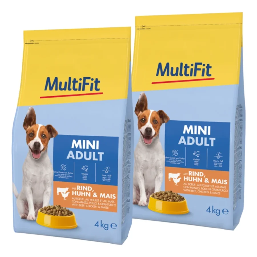 MultiFit nourriture sèche pour chien adulte, Mini, avec bœuf, poulet & maïs 2x4 kg