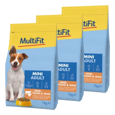 MultiFit nourriture sèche pour chien adulte, Mini, avec bœuf, poulet & maïs 3x1 kg