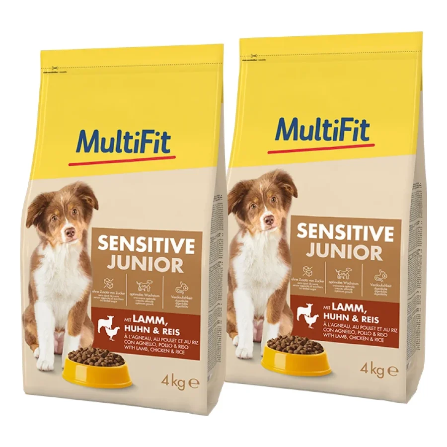 MultiFit nourriture sèche pour chien, Junior, Sensible, avec agneau, poulet & riz 2x4 kg