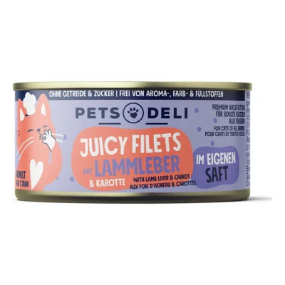 Nourriture humide pour chat Adult Juicy Filets Poulet au foie d’agneau et à la carotte 12 x 70 g