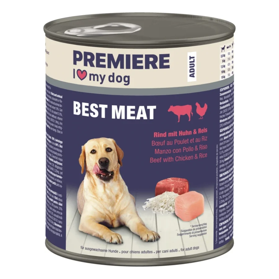 PREMIERE Best Meat nourriture humide pour chien, adulte Bœuf au poulet et riz 6x800 g