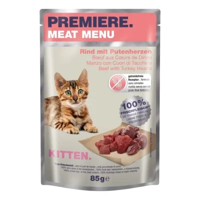 PREMIERE Meat Menu pour chatons avec bœuf et cœurs de dinde 12x85 g