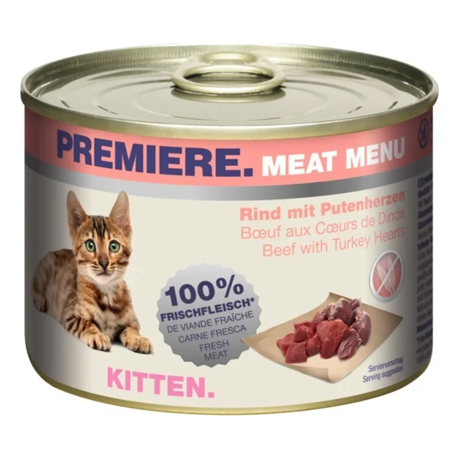PREMIERE Meat Menu pour chatons Bœuf et cœurs de dinde 6x200 g