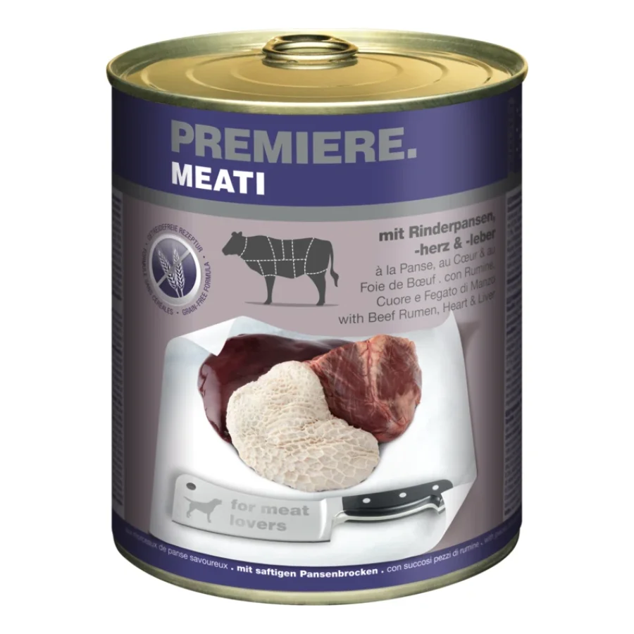 PREMIERE Meati nourriture humide pour chien, Adulte, Panses, cœurs et foies de bœuf 12x800 g
