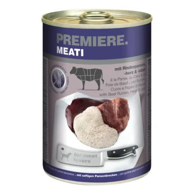 PREMIERE Meati nourriture humide pour chien, adulte Panses, cœurs et foies de bœuf 24x400 g