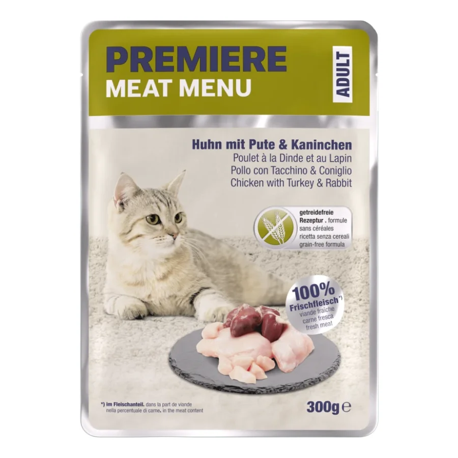 PREMIERE Menu Viande Nourriture Humide Chat, Adulte, Poulet, dinde et lapin 6x300 g