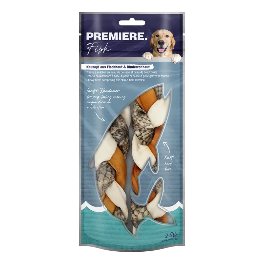 PREMIERE Tresse à mâcher en peau de poisson et en peau brute de bœuf 130 g