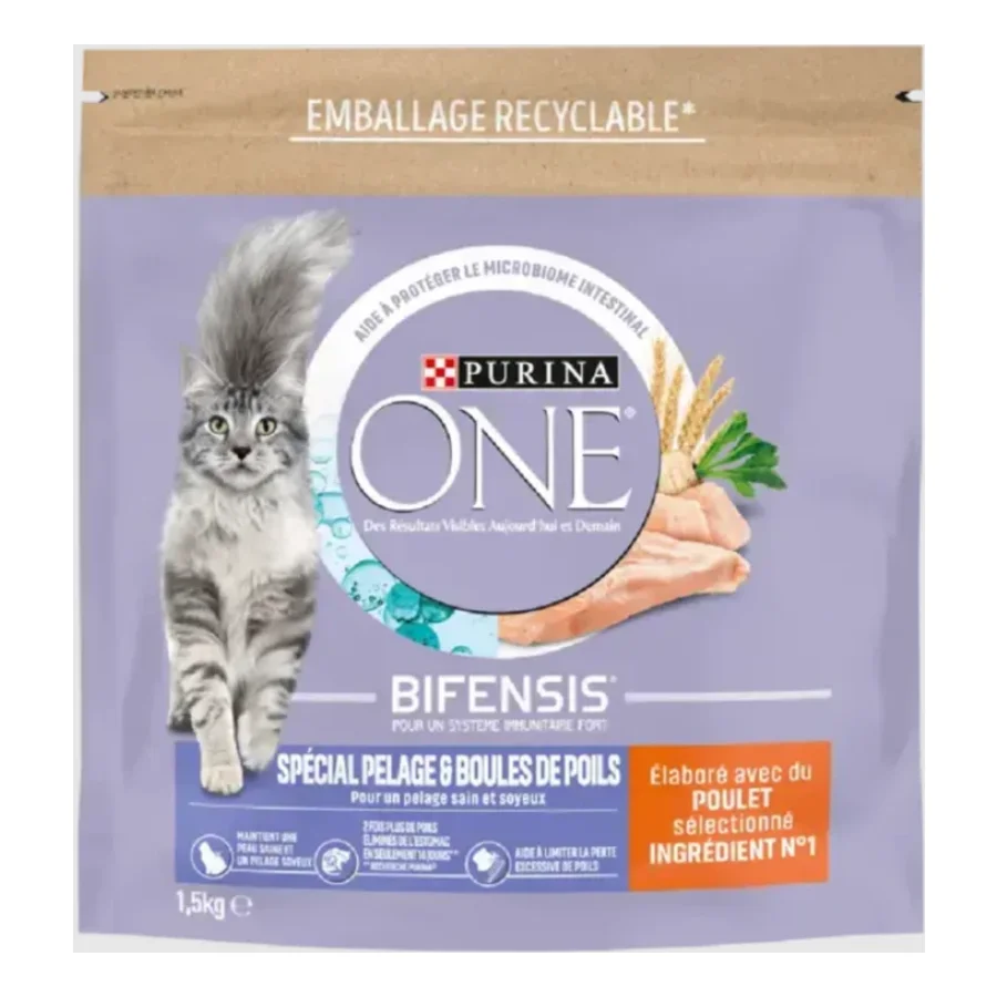 Purina ONE Croquettes pour Chat Spécial Pelage et Boules de Poils au Poulet et aux Céréales 1,5 kg
