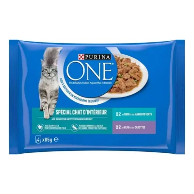 Purina ONE - Sachets pour Chat d'Intérieur au Veau et au Thon 4 x 85 g