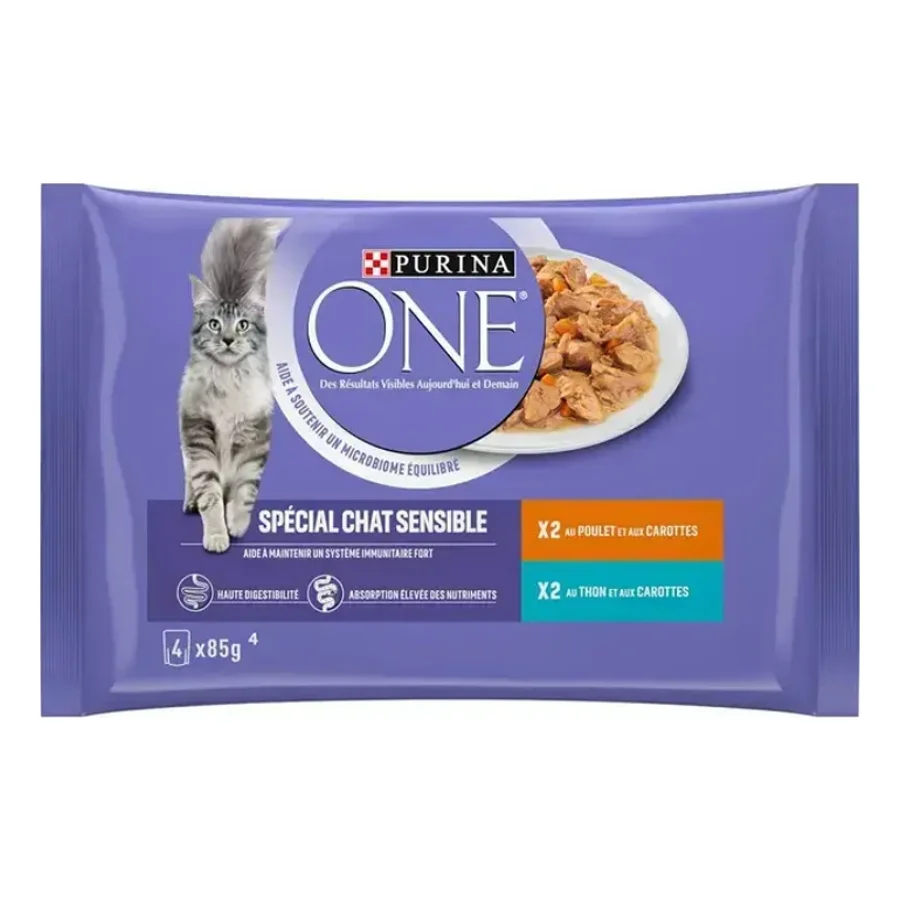 Purina ONE - Sachets pour Chat Sensible au Thon, au Poulet et aux Carottes 4 x 85 g