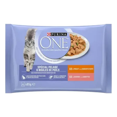 Purina ONE - Sachets pour Chat Spécial Pelage et Boules de Poils au Poulet et au Saumon 4 x 85 g