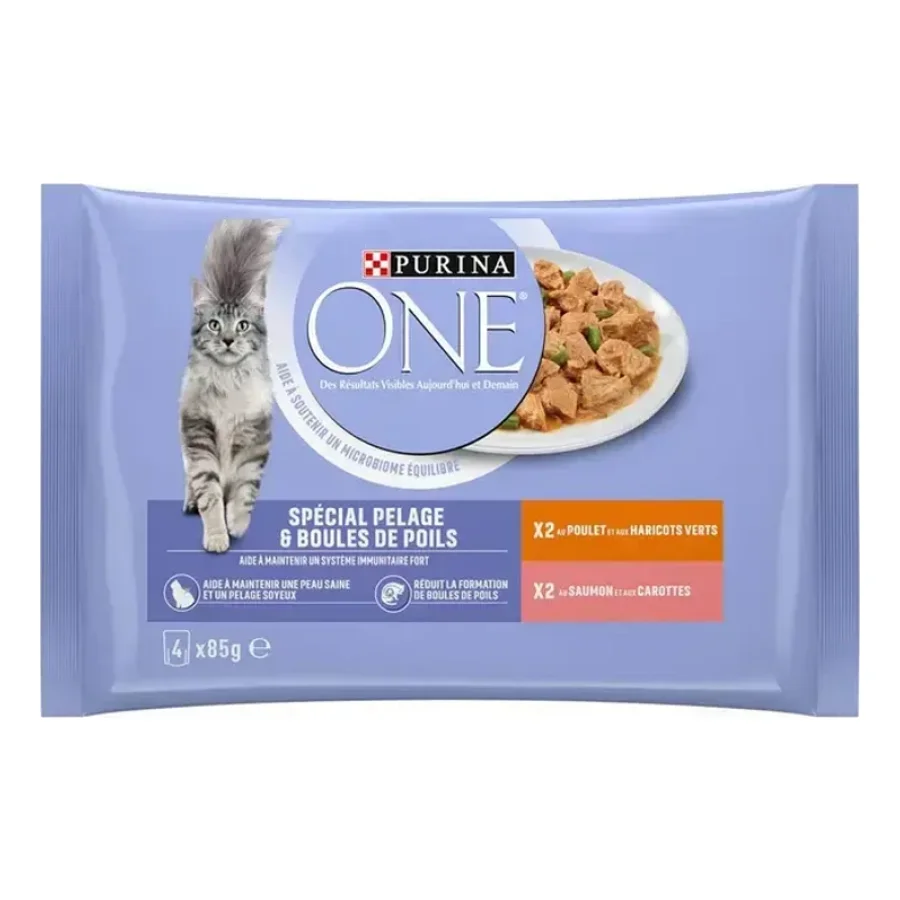Purina ONE - Sachets pour Chat Spécial Pelage et Boules de Poils au Poulet et au Saumon 4 x 85 g
