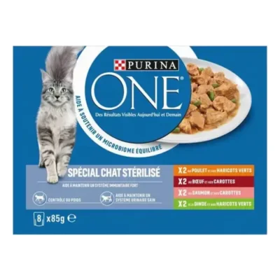 Purina ONE Sachets pour Chat Stérilisé au Bœuf, au Poulet, au Saumon et à la Dinde 8 x 85 g