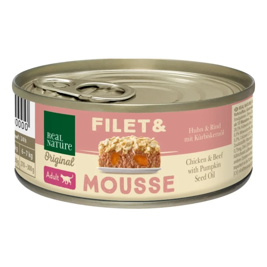 REAL NATURE Filet & Mousse Adult Poulet & bœuf à l'huile de pépins de courge 12x85 g