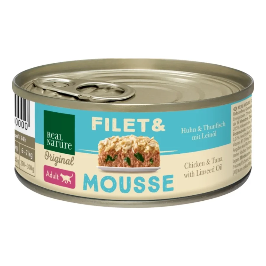 REAL NATURE Filet & Mousse Adult Poulet & thon à l'huile de lin 12x85 g