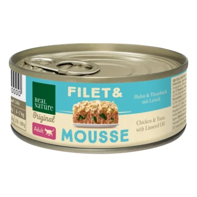 REAL NATURE Filet & Mousse Adult Poulet & thon à l'huile de lin 24x85 g