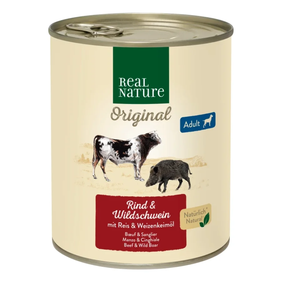 REAL NATURE nourriture humide chien adulte Bœuf et sanglier 24x800 g