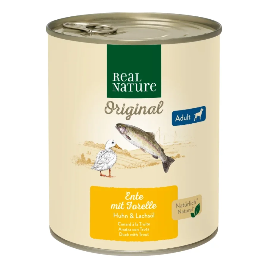 REAL NATURE nourriture humide chien adulte Canard à la truite 12x800 g